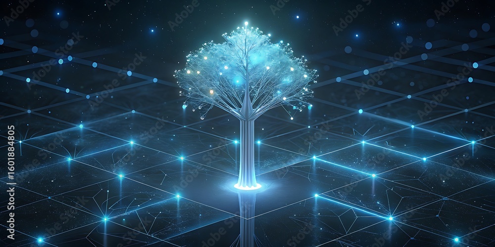 Poster a luminous digital tree adorned with glowing blue lights and interconnected by a network of data lin