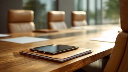 A conference table with a tablet on a leather notebook papers and leather chairs in a meeting room