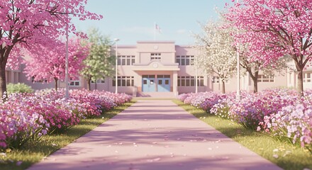  a school path leading towards a brightly lit, welcoming school building in the distance. The path is lined with blooming flowers and trees, suggesting a nurturing environment.