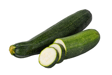 fresh zucchini and slices on white background.