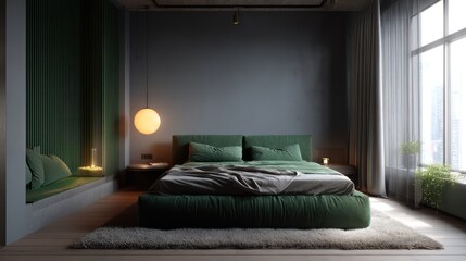 Emerald green bedroom with high-pile rug, dimmable pendant casting downward volumetric glow, reflection on glass orb lamp, realistic ambient