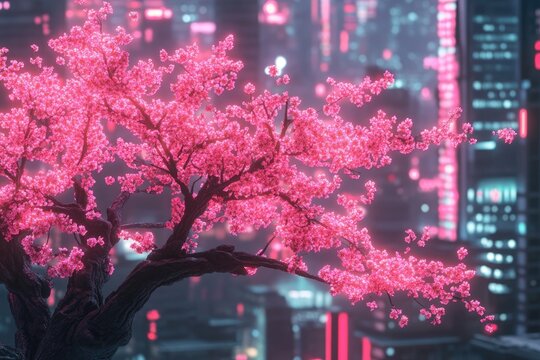 A vibrant cherry blossom tree, its pink blooms contrasting with a blurred, neon-lit city skyline at dusk - Powered by Adobe