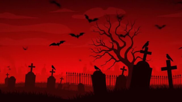 Graveyard with tombstones, bare tree, bats, and crows under red sky.