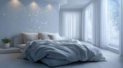 Ethereal white bedroom with dimmable overhead moonlight simulation, casting subtle blue tint and soft gradients textured linen bedding, sheer