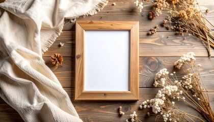 Rustic wooden photo frame mockup on a vintage wooden table with dried flowers
