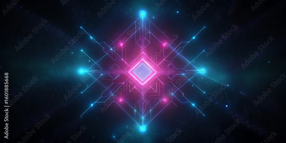 Poster a vibrant geometric structure with glowing pink and blue lights emanates from the center set against