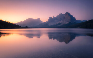 Obraz premium Beautiful mountain lake landscape at sunrise reflection scenic view nature