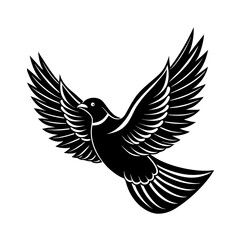 Fototapeta premium A flat black silhouette of a dove mid-flap with its wings raised high above its body in an upward motion.