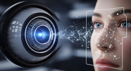 Advanced AI camera scans human face with futuristic digital data overlay for identification and surveillance