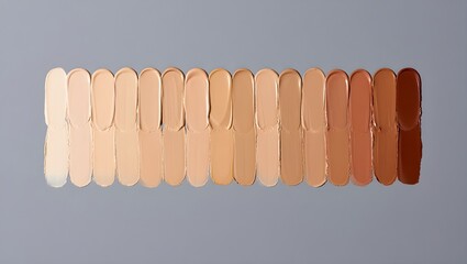 Swatches of foundation makeup in various shades arranged in a row against a gray background.