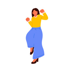 Flat vector illustration of a joyful woman jumping with arms raised. She wears a yellow top and blue skirt. Ideal for concepts of happiness, celebration, freedom, or success.