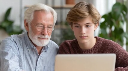 Bridging Generations: A heartwarming scene unfolds as a grandfather and his grandson share a moment of connection while focused on a laptop screen. - Powered by Adobe