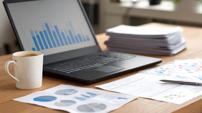 A laptop displaying a bar graph sits on a desk with charts a stack of papers a pen and a mug of coffee