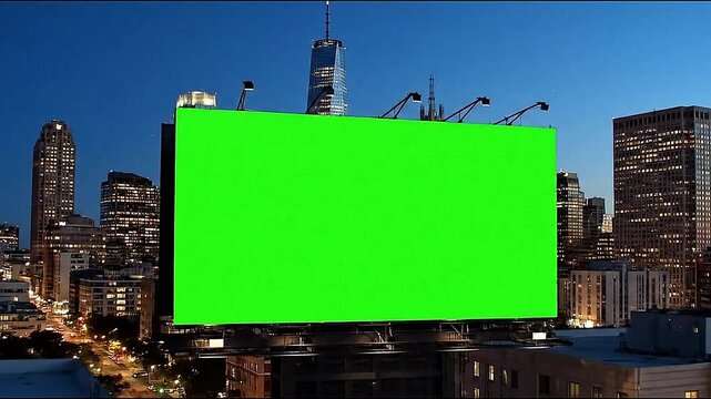 Modern city skyline with a blank green billboard screen, perfect for advertising, digital signage, or futuristic promotional backgrounds