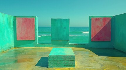Sea meets building, pink art displayed