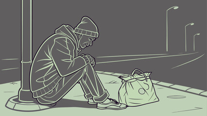 Homeless Man Sitting Alone on City Street – Urban Poverty Illustration