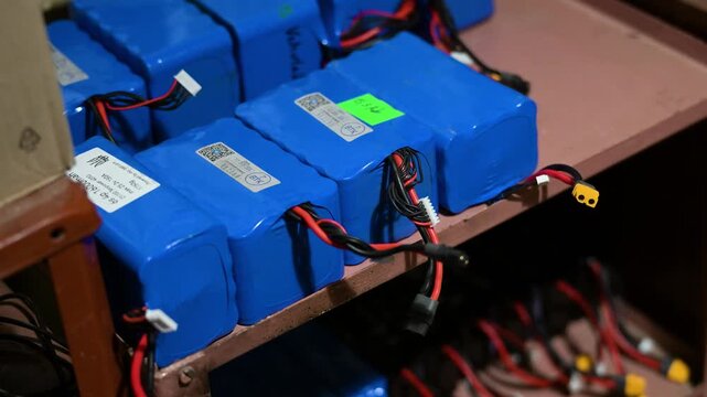 Powering the drone war: A stock of high-capacity lithium batteries on shelves in a Ukrainian workshop, ready to be fitted into FPV drones for combat missions against Russia.