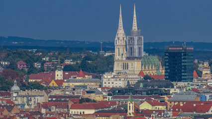 Zagreb cathedral and modern skyscraper with a old city panorama timelapse