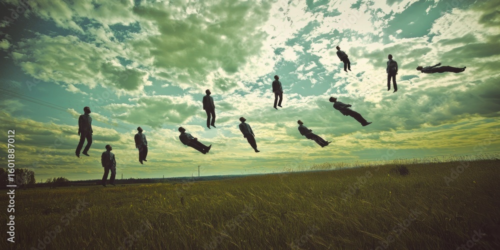 Aufkleber a surreal dreamscape where multiple people float weightlessly above an open field