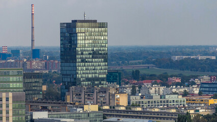 Panorama of the city center timelapse of Zagreb, Croatia, with modern and historic buildings, museums in the distance.