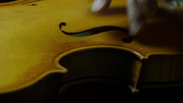 Violinmaker Creating the Illusion of Age Enhancing the Vintage Appearance of a Newly Crafted Violin Through Expert Antiquing Techniques and Aesthetic Aging Processes with brush and finger process