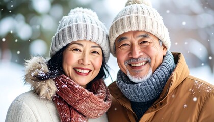 Portrait of a happy senior Asian couple enjoying a snowy winter day outdoors, smiling warmly together.