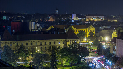 Panorama of the city center night timelapse with a intersection in front of national theater and museum in Zagreb, Croatia.