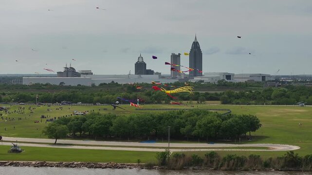 Kites galore jn Mobile Alabama near the USS Alabama drone view in 4K