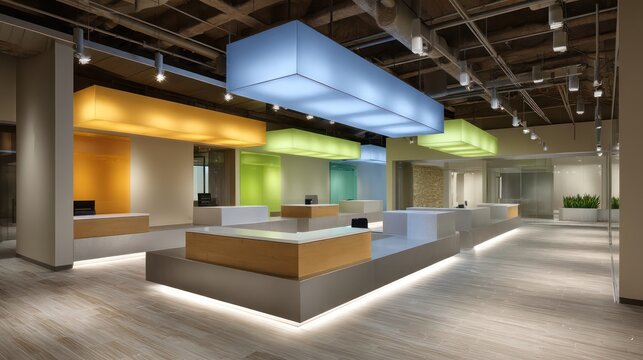 Grid-inspired office layout with multi-color backlit panels, floating desks with brushed metal finish, dynamic rim shadows from rotating ceiling