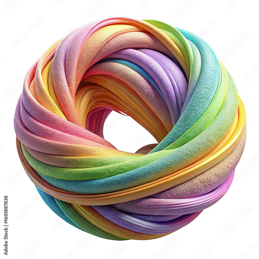 Poster abstract swirling rainbow colored rope twisted into a torus shape isolated on transparent background