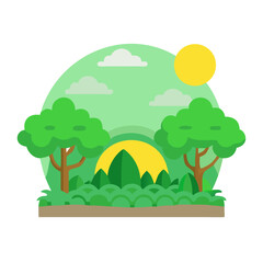 Fototapeta premium Stylized forest landscape with trees and hills illustration