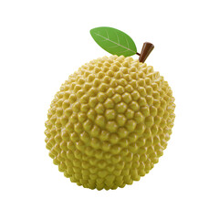 Realistic Render of a Ripe Jackfruit Featuring Yellow Hue, Bumpy Texture, Green Leaf on a Transparent Background Creating a Tropical Food Concept