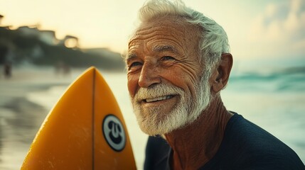 Senior surfer enjoying beach life portrait of older man with surfboard at sunset ocean background silhouette