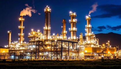 Fototapeta premium Illuminated Industrial Petrochemical Plant Facility Emitting Steam Under a Dark Night Sky