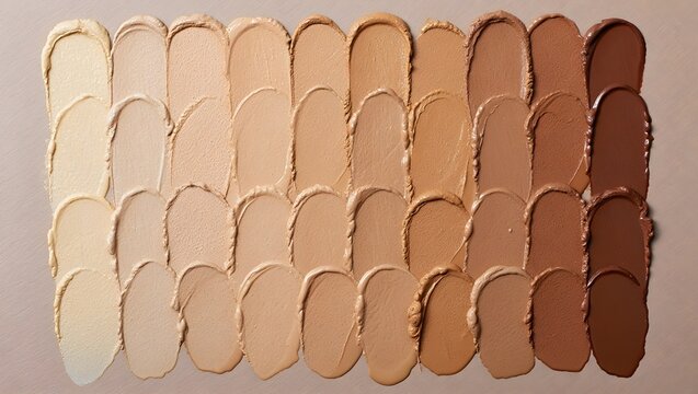 A swatch chart displaying various shades of foundation makeup, arranged in a gradient from light to dark.