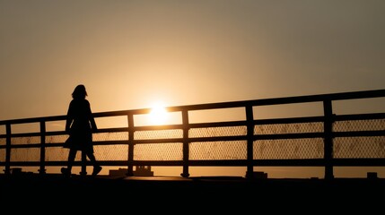 A silhouetted person walks along a bridge with a metal fence at sunset the sun glinting through the gaps