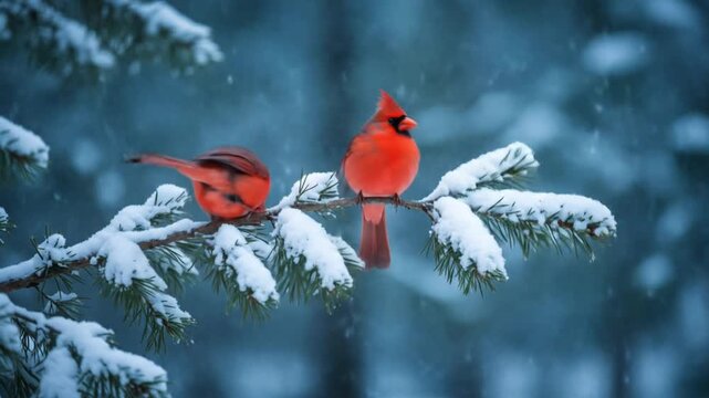 Two red cardinals on snowy pine branches in winter forest