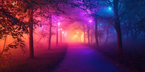 A surreal fantasy woodland where trees emit soft neon light, illuminating a misty path