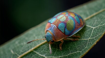 Fototapeta premium A vibrant beetle rests on a green leaf Its shell has iridescent colorful spots in shades of blue green gold and orange