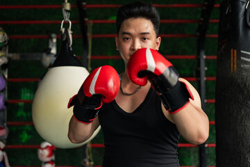 Martial artist in boxing gloves training in a gym during daytime