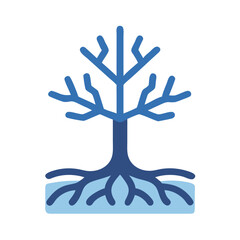 Stylized tree with roots flat design on black background