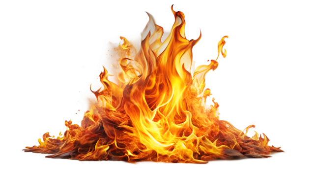 Intense fire flames burning brightly on transparent background