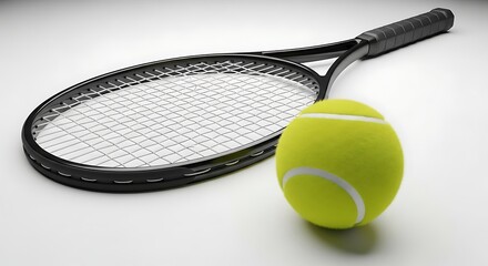 A Black Tennis Racquet and a Bright Yellow Tennis Ball Rest on a Clean White Surface