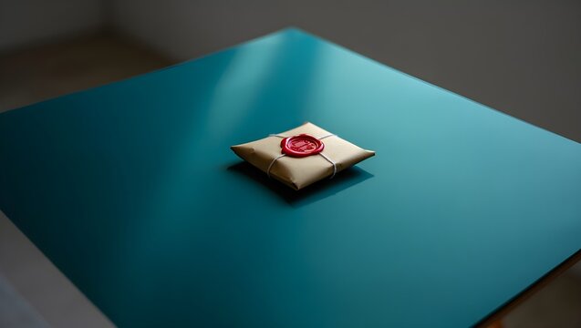 Small square package wrapped in brown paper with a red wax seal, resting on a teal-colored surface.