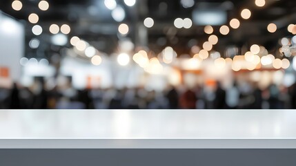 Empty Table against Blurred Event Background: A blank table, ready for product placement, stands in the foreground against a blurred background of a bustling event space.