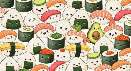 An illustration of various types of sushi and onigiri, each with cute, smiling faces, arranged in a dense, playful pattern.