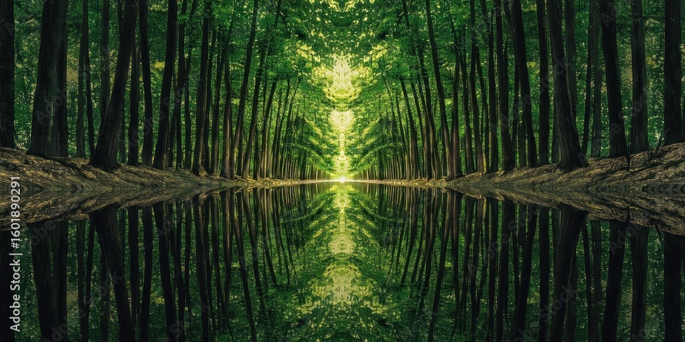 Poster a surreal forest with infinite reflections, making it look like a never-ending maze of trees
