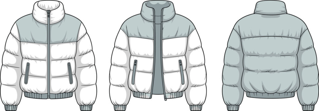 Cad drawing flat vector illustration, stylish colorblock puffer jacket, warm winter outerwear, casual insulated coat design, zipper closure, trendy fashion apparel, digital clothing sketch