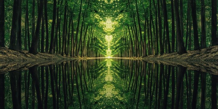 A surreal forest with infinite reflections, making it look like a never-ending maze of trees