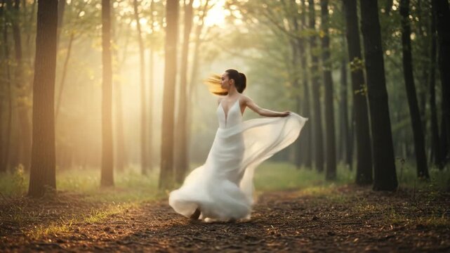 Woman dancing in a forest dress at sunrise